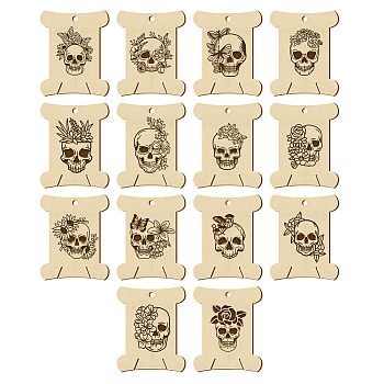 14Pcs 14 Style Plywood Thread Winding Boards, for Embroidery Cross-Stitch Sewing Craft, Skull, 63.1x50.2x3mm, Hole: 4mm, 1pc/style