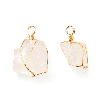 Natural Quartz Crystal Pendants, with Real 18K Gold Plated Eco-Friendly Copper Wire, Nuggets, 22~25.5x15~18x10~13.5mm, Hole: 3~3.6mm