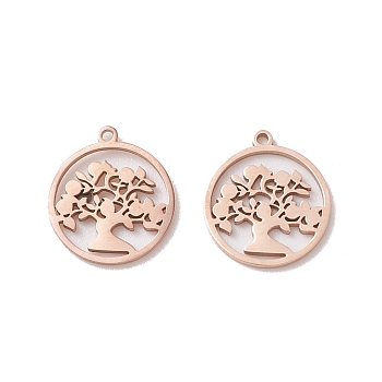 304 Stainless Steel Pendants, Flat Round with Tree of Life, Rose Gold, 13x12x0.8mm, Hole: 1mm