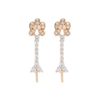 Brass Micro Pave Clear Cubic Zirconia Stud Earring Findings, for Half Drilled Beads, Nickel Free, Flower, Real 18K Gold Plated, 26x6.5mm, Pin: 0.7mm, pin: 0.9mm(for half drilled beads)