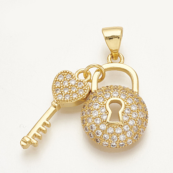 Brass Micro Pave Cubic Zirconia Pendants, Padlock with Key, Clear, Golden, 18.5x12x4mm, Hole: 4x3mm
