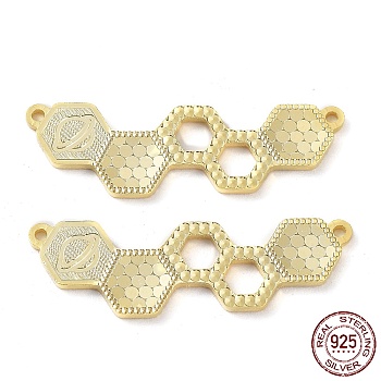 925 Sterling Silver Connector Charms, Hexagon Links, Real 18K Gold Plated, 9x29x1.2mm, Hole: 1mm