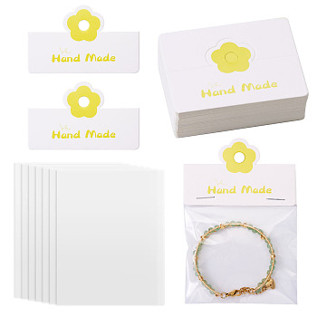 100Pcs Rectangle Clear Polypropylene Cellophane Bags, with 100Pcs Flower Printed Paper Foldable Header Cards, Yellow, Bags: 10x8cm, unilateral thickness: 0.035mm