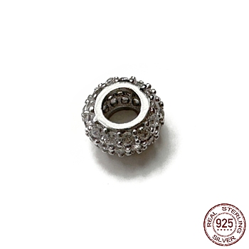 Rhodium Plated 925 Sterling Silver Spacer Beads, with Cubic Zirconia, Rondelle, Real Platinum Plated, 6x3.5mm, Hole: 2.8mm