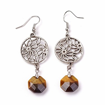 Natural Tiger Eye Dangle Earrings, with Brass Pins and Alloy Pendants, Flat Round with Flower, 62mm, Pendant: 45x20mm, Pin: 0.6mm