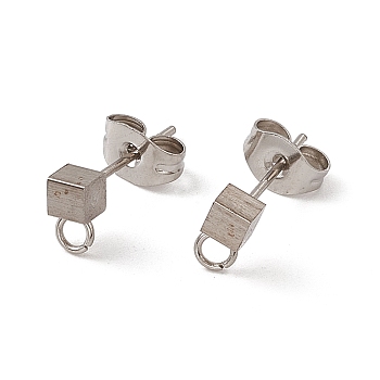 304 Stainless Steel Stud Earring Findings, with Ear Nuts and Horizontal Loops, Cube, Stainless Steel Color, 6x3mm, Hole: 1.8mm, Pin: 0.5mm