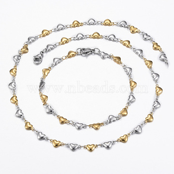 Two Tone 304 Stainless Steel Heart Link Chain Jewelry Sets, Necklaces and Bracelets, with Lobster Claw Clasps, Golden & Stainless Steel Color, 17.72 inch(45cm), 7-7/8 inch~8-1/4 inch(200~210mm)(X-SJEW-H103-12GP)