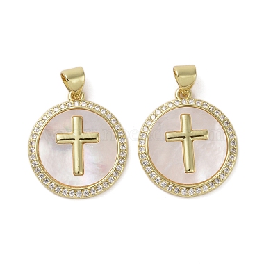 Real 16K Gold Plated Clear Flat Round Brass+Cubic Zirconia+Shell Pendants