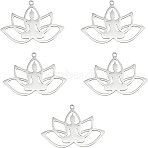 5Pcs 201 Stainless Steel Pendants, Laser Cut, Lotus with Yoga, Stainless Steel Color, 25x36.1x1mm, Hole: 1.6mm(STAS-DC0009-42)