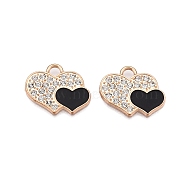 Alloy Enamel Pendants, with Crystal Rhinestone, Cadmium Free & Lead Free, Light Gold, Heart Charms, Black, 15.5x19x1.5mm, Hole: 2.8mm(PALLOY-N176-101KCG)