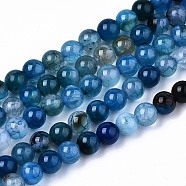 Natural Crackle Agate Beads Strands,  Dyed, Round, Blue, 4mm, Hole: 0.5mm, about 91~95pcs/strand, 14.57 inch~15.35 inch(37~39cm)(G-S359-240A)