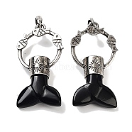 Natural Obsidian Whale Tail Big Pendants, Rack Plating Antique Silver Plated Alloy Fish Ring Charms, Cadmium Free & Lead Free, 56~57x29x12.5~13mm, Hole: 6.5x6mm(G-Q163-03AS-09)