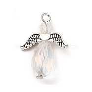Electroplate Glass Pendants, with Wing Alloy Beads and Iron Findings, Angel, Antique Silver & Platinum, Clear, 27~29x20x9~10mm, Hole: 2.5mm(PALLOY-JF00505-01)