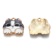 Rack Plating Printed Alloy Pendants, Cadmium Free & Nickel Free & Lead Free, Light Gold, Cat, Gray, 16x18.5x2.5mm, Hole: 1.6mm(ENAM-N055-177J)