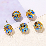 Brass Enamel Beads, Round with Flower, Dodger Blue, 12mm(PW-WG96760-22)