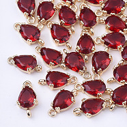 Transparent Glass Links connectors, with Brass Findings, Faceted, Teardrop, Light Gold, Red, 13x7x3.5mm, Hole: 1.2mm(X-GLAA-T007-18F)