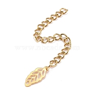 304 Stainless Steel Chain Extender, Curb Chain, with 202 Stainless Steel Charms, Hollow Leaf, Golden, 66~71mm, Link: 3.7x3x0.5mm, Leaf: 12.5x5.5x0.2mm(X-STAS-F268-50G)