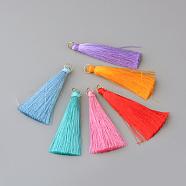 Nylon Thread Tassel Big Pendants Decoration, with Brass Findings, Golden, Mixed Color, 63~66x7mm, Hole: 7mm(FIND-Q065-A)