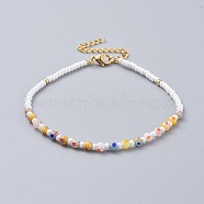 Millefiori Glass Anklets, with Round Glass Seed Beads, Brass Beads, 304 Stainless Steel Twisted Chains and Lobster Claw Clasps, Mixed Color, 8-3/4 inch(22.2cm), 3mm(AJEW-AN00272)