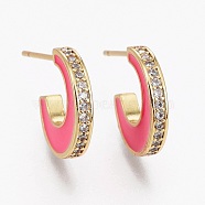 Brass Micro Pave Clear Cubic Zirconia Half Hoop Earrings, with Enamel and Ear Nuts, Long-Lasting Plated, Moon, Real 18K Gold Plated, Hot Pink, 14x12x2.5mm, Pin: 1mm(EJEW-L231-64B)