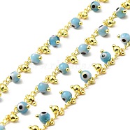 Handmade Brass Curb Chains, Glass Round with Evil Eye Charms Chains, Soldered, Real 18K Gold Plated, with Spool, Cadmium Free & Lead Free, Light Sky Blue, Link: 3x2x0.5mm, Round: 1.8mm and 4mm(CHC-I045-26B)