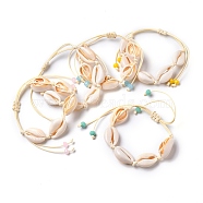 Adjustable Braided Bead Bracelets, with Natural Cowrie Shell Beads, Rondelle Glass Beads and Waxed Polyester Cord, Mixed Color, Inner Diameter: 1-3/4 inch~4-1/4 inch(4.4~10.8cm)(BJEW-JB05310-M)