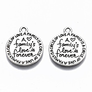 Tibetan Style Alloy Pendants, Lead Free & Cadmium Free, Flat Round with Word Family's Love is Forever, Antique Silver, 20x17x1mm, Hole: 1.6mm(X-TIBE-S314-119AS-RS)