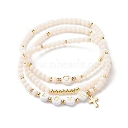 Glass Beads Stretch Bracelets Sets, with Acrylic & Brass Beads, 304 Stainless Steel Cross Charms, Love, Creamy White, Inner Diameter: 2-1/4 inch(5.7cm), 3pcs/set(BJEW-JB06575-04)