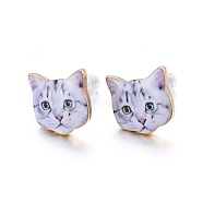 Real 14K Gold Plated Alloy Kitten Stud Earrings, with Enamel and Environment Stainless Steel Pin, Printed, Cat Pattern, Alice Blue, 10~10.5x10.5~11mm, pin: 0.7mm(EJEW-G148-01G-04)