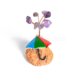 Resin Display Decorations, Reiki Energy Stone Feng Shui Ornament, with Natural Amethyst Tree and Copper Wire, Umbrella on the Beach, 33x50~55mm(DJEW-PW0009-025H)