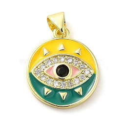 Real 18K Gold Plated Brass Clear Cubic Zirconia Pendants, with Enamel and Glass, Flat Round with Evil Eye, Gold, 19x16x2.5mm, Hole: 5x3.5mm(KK-A198-11G-01)