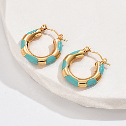 Real 18K Gold Plated 304 Stainless Steel Hoop Earrings, with Enamel, Medium Turquoise, 22mm(LR9688-2)