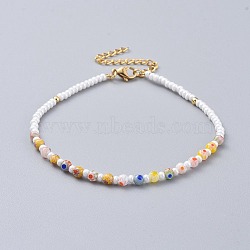 Millefiori Glass Anklets, with Round Glass Seed Beads, Brass Beads, 304 Stainless Steel Twisted Chains and Lobster Claw Clasps, Mixed Color, 8-3/4 inch(22.2cm), 3mm(AJEW-AN00272)