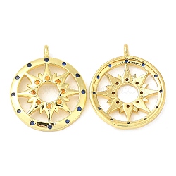 Brass Micro Pave Cubic Zirconia Pendants, Flat Round with Sun, Real 18K Gold Plated, 18x15x3mm, Hole: 1.5mm(KK-P236-08G)