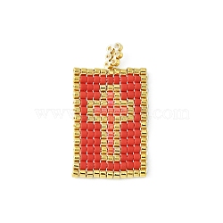 Handmade MIYUKI Japanese Seed Loom Pattern Seed Beads, Rectangle with Cross Pendants, Red, 30~30.5x16x2mm, Hole: 2.5mm(PALLOY-MZ00125-02)