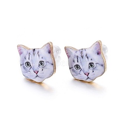 Real 14K Gold Plated Alloy Kitten Stud Earrings, with Enamel and Environment Stainless Steel Pin, Printed, Cat Pattern, Alice Blue, 10~10.5x10.5~11mm, pin: 0.7mm(EJEW-G148-01G-04)