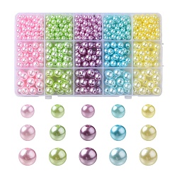 605Pcs 15 Style Spray Painted ABS Plastic Imitation Pearl Beads, Round, Mixed Color, 6~10x5.5~9.5mm, Hole: 1.8~2mm(OACR-YW0001-34)