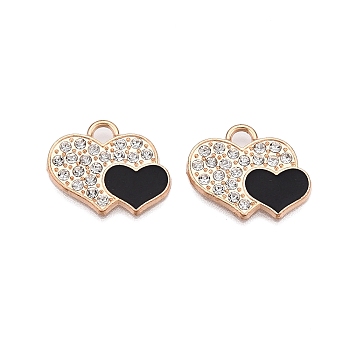 Alloy Enamel Pendants, with Crystal Rhinestone, Cadmium Free & Lead Free, Light Gold, Heart Charms, Black, 15.5x19x1.5mm, Hole: 2.8mm