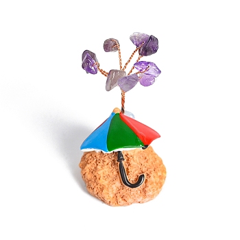 Resin Display Decorations, Reiki Energy Stone Feng Shui Ornament, with Natural Amethyst Tree and Copper Wire, Umbrella on the Beach, 33x50~55mm