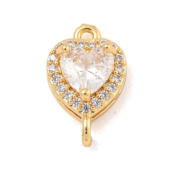 Brass Pave Cubic Zirconia Connector Charms, Heart Links, Golden, Clear, 15x9x6mm, Hole: 1.2mm