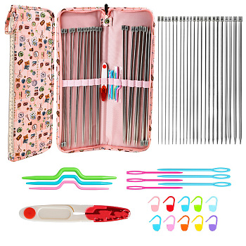 DIY Knitting Kits with Storage Bags for Beginners Include Crochet Hooks, Crochet Needle, Stitch Markers, Scissor, Misty Rose, 35cm