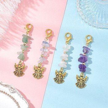 4Pcs Tibetan Style Alloy Angel Pendant Decorations, with Natural Aquamarine & White Moonstone & Amethyst & Green Aventurine Chips and Zinc Alloy Lobster Claw Clasps, 70~72mm