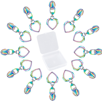 12Pcs #5 Alloy Zipper Sliders, Zip Pull Heads, Heart, Rainbow Color, 4cm