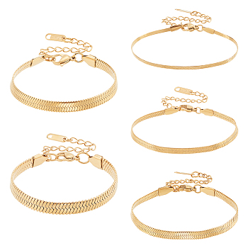 Elite 5Pcs 5 Size Ion Plating(IP) 304 Stainless Steel Herringbone Chain Bracelets Set for Men Women, Real 18K Gold Plated, 5-7/8~6 inch(15~15.3cm), 1Pc/size