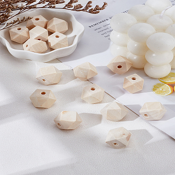 50Pcs Faceted Unfinished Wood Beads, Natural Wooden Beads, Polygon, PapayaWhip, 16x16~21mm, Hole: 3.5~4mm