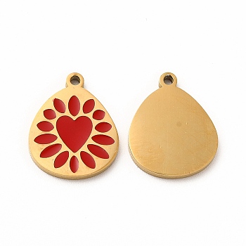 Ion Plating(IP) 304 Stainless Steel Enamel Pendants, Teadrop with Heart Pattern, Red, 15x12x1mm, Hole: 1.2mm