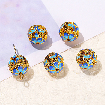 Brass Enamel Beads, Round with Flower, Dodger Blue, 12mm