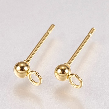 202 Stainless Steel Stud Earring Findings, with 304 Stainless Steel Pins and Loop, Real 18K Gold Plated, 14x6mm, Hole: 1.6mm, Ball: 3mm, Pin: 0.8mm