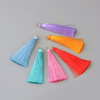 Nylon Thread Tassel Big Pendants Decoration, with Brass Findings, Golden, Mixed Color, 63~66x7mm, Hole: 7mm