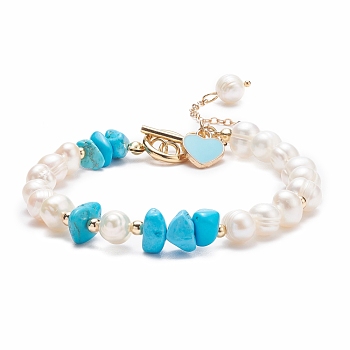 Synthetic Howlite & Pearl Beaded Bracelet with Alloy Enamel Heart Charms, Gemstone Jewelry for Women, Golden, 7-5/8 inch(19.4cm)